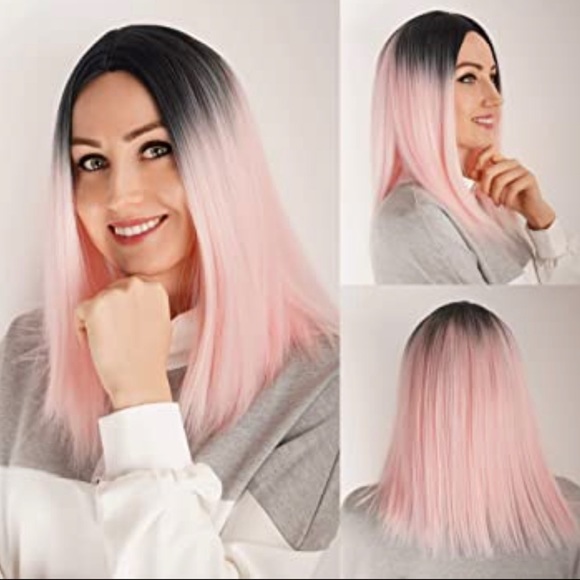 Demides Synthetic Hair Pink Wigs None Bangs 14 Inch Straight Ombre - Picture 1 of 5